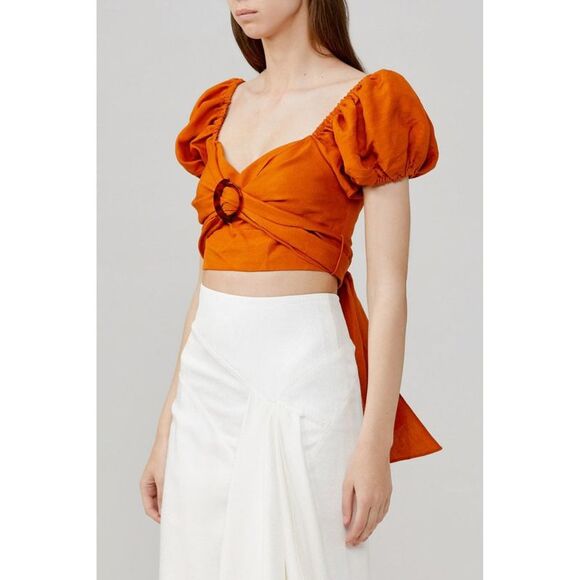SIGNIFICANT OTHER Tops - SIGNIFICANT OTHER Womens Orange Tie Pouf Sleeve Evening Crop Top 10